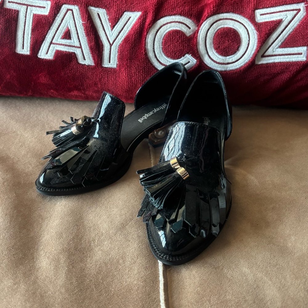 Jeffrey Campbell Black Patent Leather Loafers with Tassel and Pearl Detail